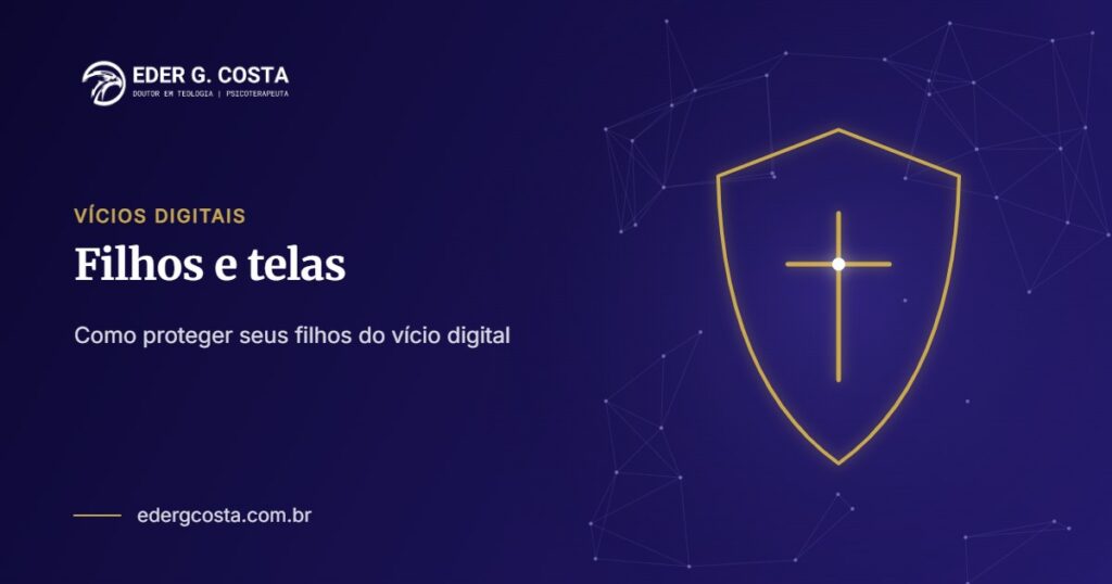 Escudo dourado com cruz simbolizando a proteção dos filhos no mundo digital